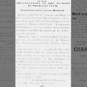 Organization of Hudson Democratic Club - Thomas A. Manor 8/10/1877 Yazoo Herald